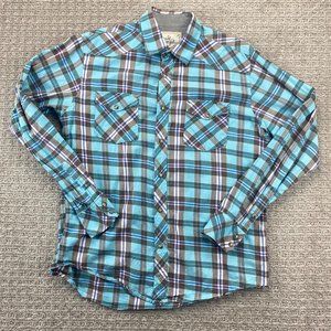 Age of Wisdom Shirt Men Medium M Blue Gray Plaid Multicolor Pear Snap Button Up